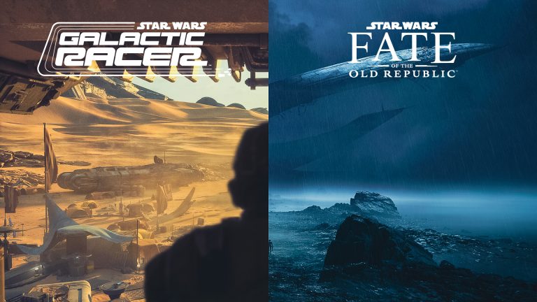 Side‑by‑side screenshots from two upcoming Star Wars video games. On the left, a high‑speed racing landscape from Star Wars: Galactic Racer featuring desert and rugged planet terrain with racers speeding past wrecked Star Destroyer hulls and varied alien worlds like Jakku and Ando Prime. On the right, an atmospheric Star Wars: Fate of the Old Republic landscape showing a dramatic alien planet with distant structures and a cinematic sci‑fi vista, evoking an epic narrative RPG setting in the Old Republic era.