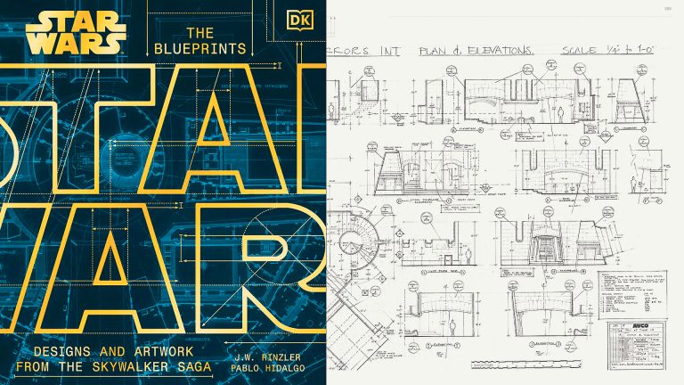 Star Wars The Blueprints book cover alongside original production blueprints showing architectural plans and elevations of iconic Star Wars movie sets, used as reference for accurate Star Wars diorama building and 3D modeling.