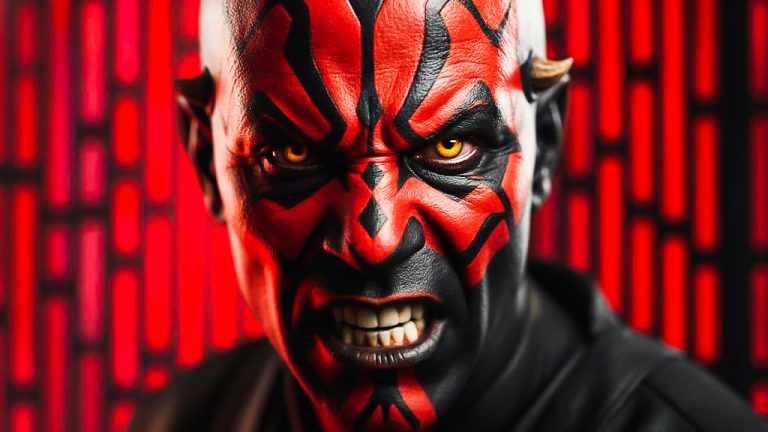 Close-up of Darth Maul's face, featuring red and black tattoos, yellow eyes, and sharp horns, showing a menacing expression