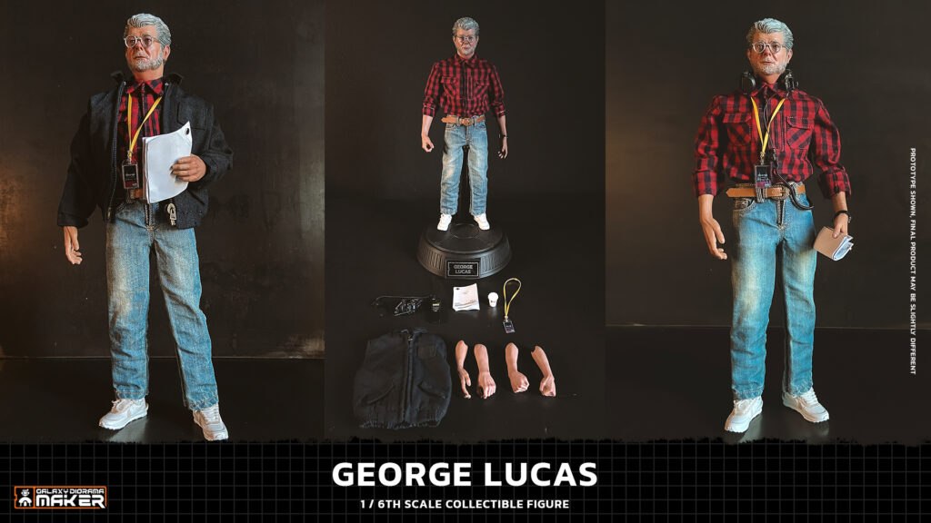 George Lucas 1:6 scale action figure fully dressed with plaid shirt, jacket, jeans, sneakers, and director accessories including coffee cup, headset, and production badge, displayed on custom stand.