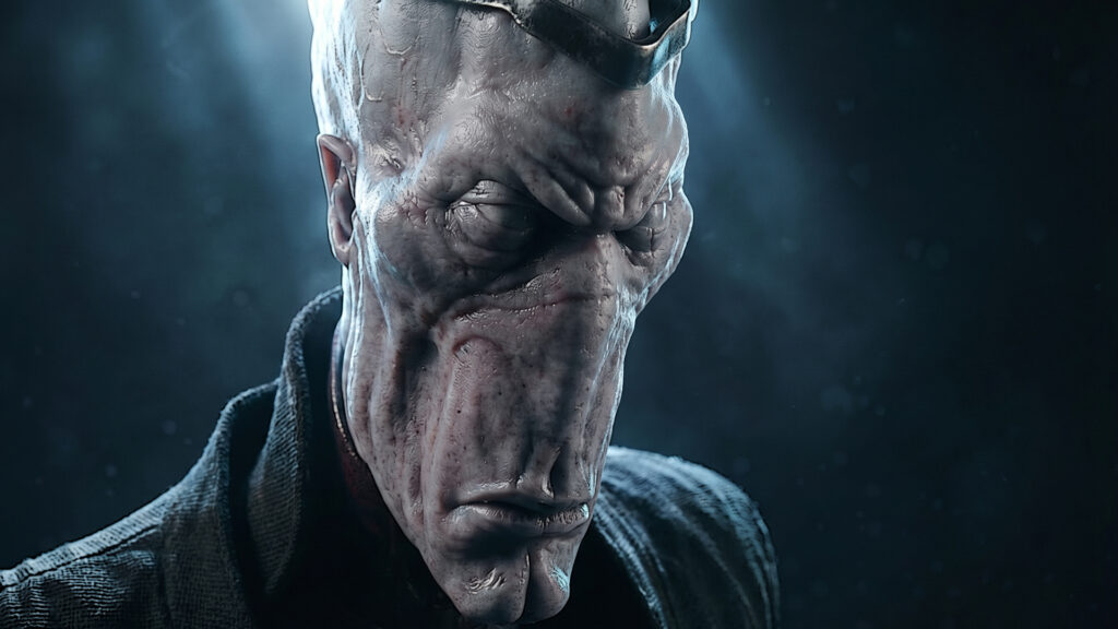 Darth Plagueis 1:6 scale action figure by Galaxy Diorama, detailed custom collectible depicting the Muun Sith Lord Hego Damask with realistic sculpt, dark minimalist robes, elongated alien anatomy, and highly detailed hands and face inspired by Star Wars lore and The Acolyte concept art.