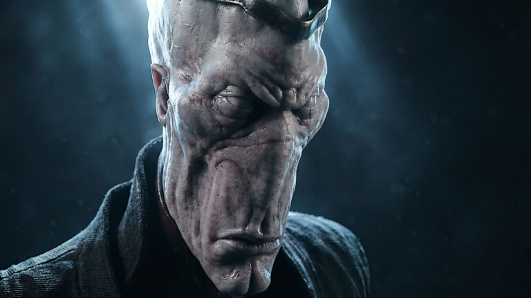 Darth Plagueis 1:6 scale action figure by Galaxy Diorama, detailed custom collectible depicting the Muun Sith Lord Hego Damask with realistic sculpt, dark minimalist robes, elongated alien anatomy, and highly detailed hands and face inspired by Star Wars lore and The Acolyte concept art.