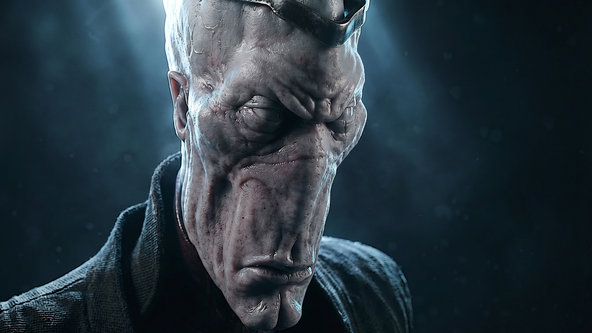 Darth Plagueis 1:6 scale action figure by Galaxy Diorama, detailed custom collectible depicting the Muun Sith Lord Hego Damask with realistic sculpt, dark minimalist robes, elongated alien anatomy, and highly detailed hands and face inspired by Star Wars lore and The Acolyte concept art.