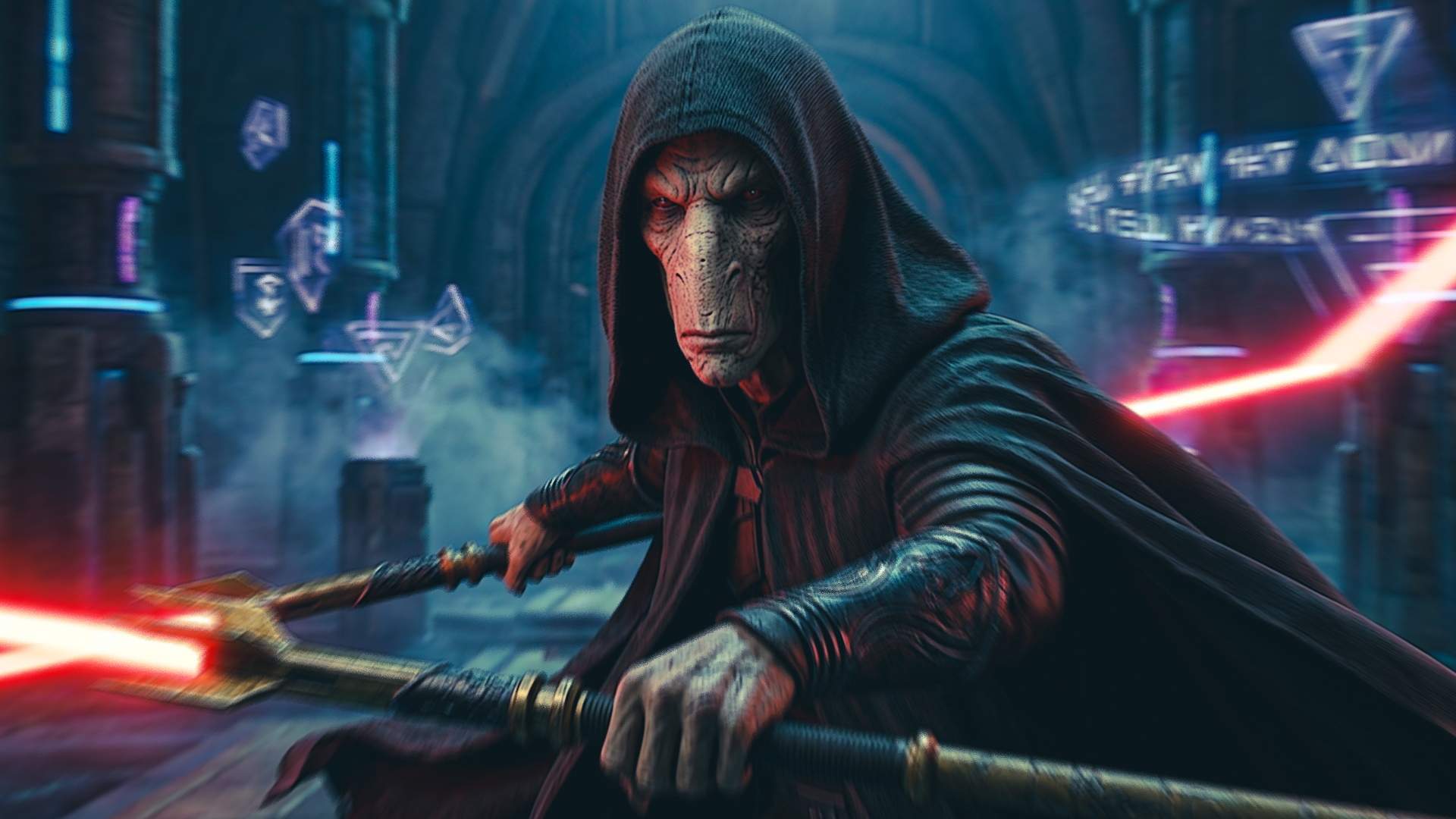 Darth Plagueis concept art by Galaxy Diorama, showing tall skeletal Muun Sith Lord with pale skin, yellow-gold eyes, hooded black robe and dark green cloak, designed for 1:6 scale collectible figure