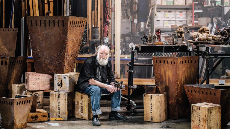 Phil Tippett inside his legendary Tippett Studio in Berkeley, surrounded by movie models, props and visual effects creations
