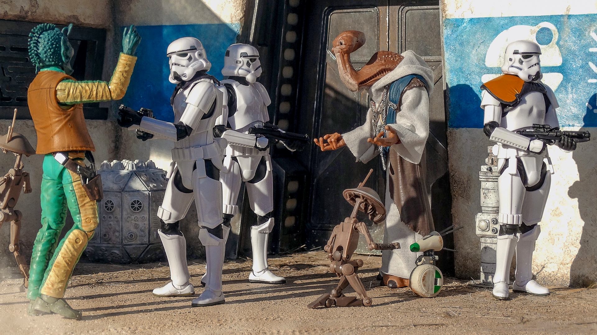 Highly detailed 1/12 scale diorama of the Droid Depot from Star Wars: Galaxy’s Edge, featuring the main facade, props, doors, windows, electrical panels, and droid repair station, meticulously 3D modeled, printed, and hand-painted for a realistic effect.