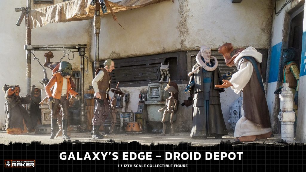 Highly detailed 1/12 scale diorama of the Droid Depot from Star Wars: Galaxy’s Edge, featuring the main facade, props, doors, windows, electrical panels, and droid repair station, meticulously 3D modeled, printed, and hand-painted for a realistic effect.