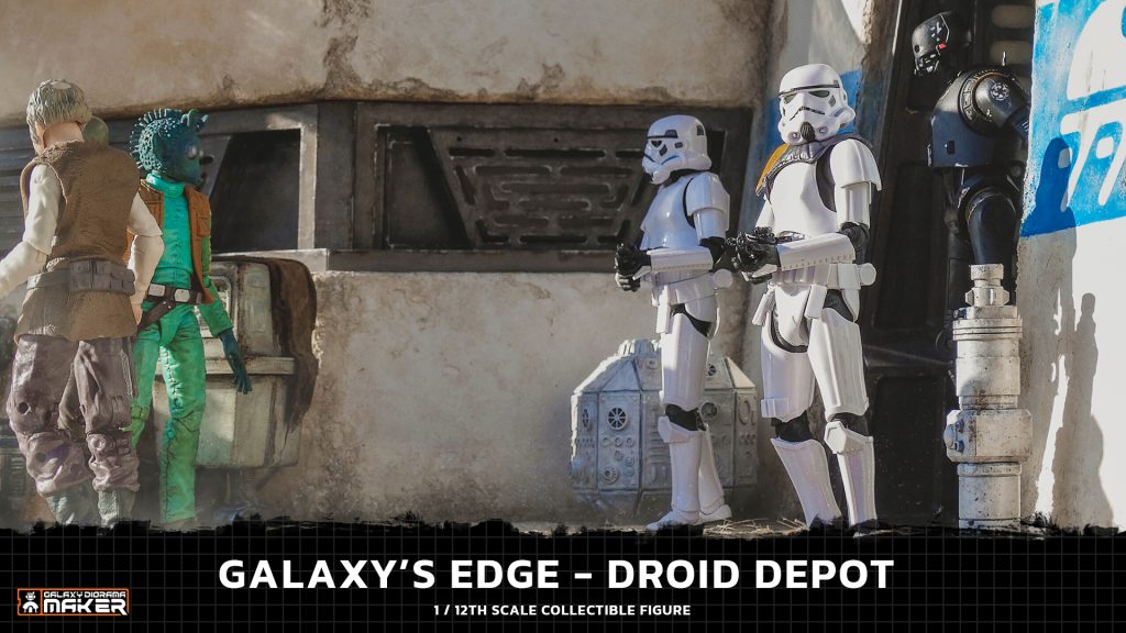 Highly detailed 1/12 scale diorama of the Droid Depot from Star Wars: Galaxy’s Edge, featuring the main facade, props, doors, windows, electrical panels, and droid repair station, meticulously 3D modeled, printed, and hand-painted for a realistic effect.